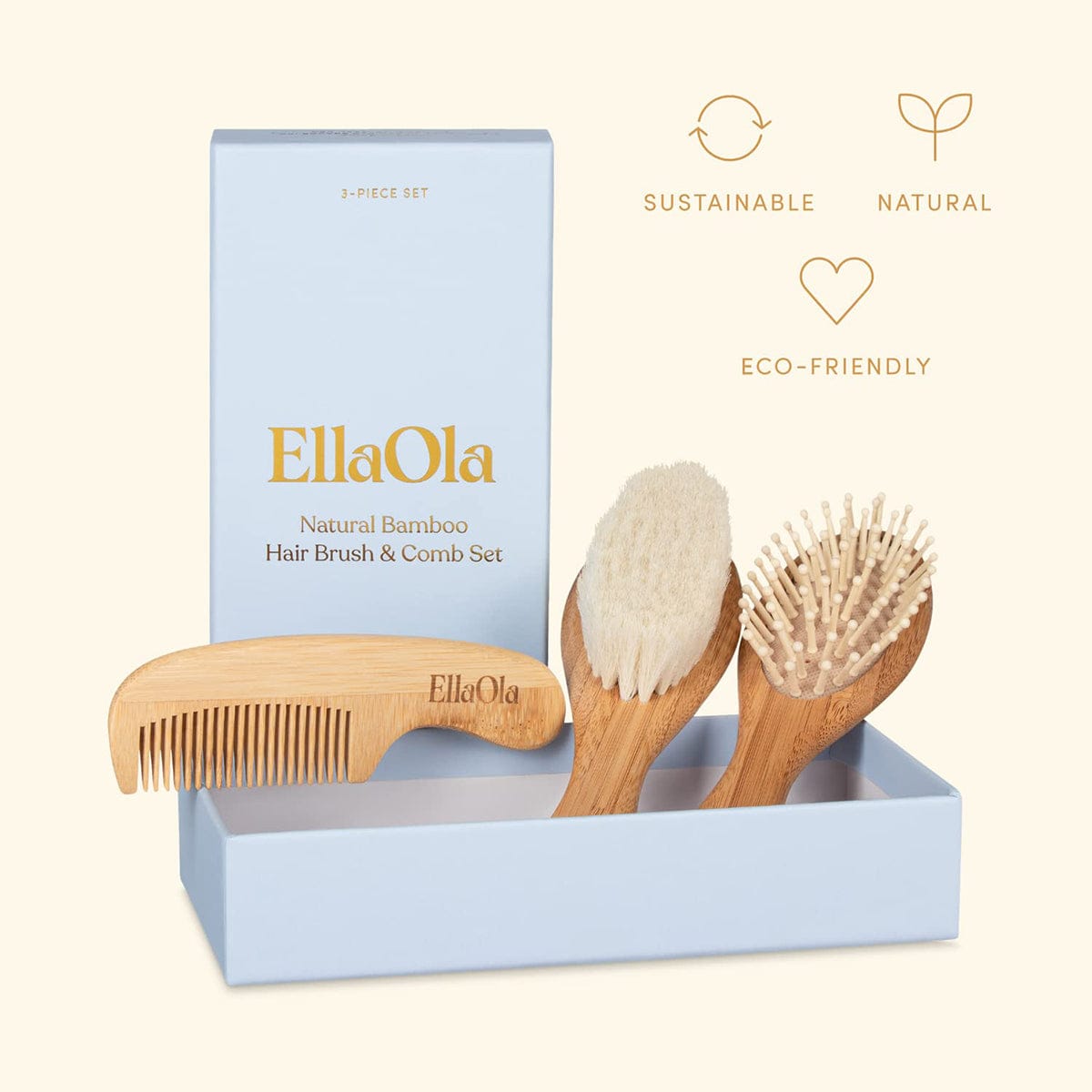 EllaOla 3-Piece Bamboo Brush & Comb Set - 191000N