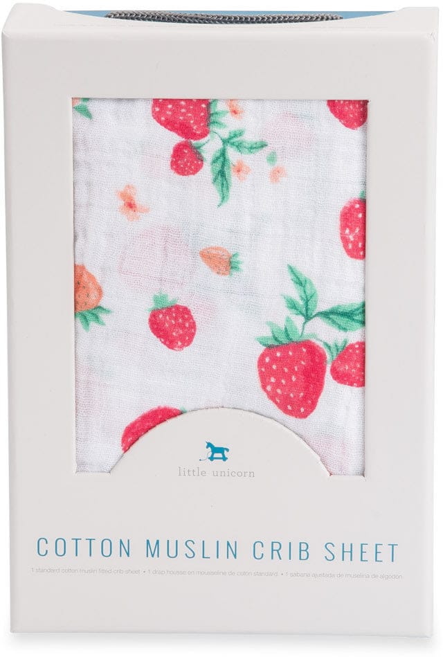 Little Unicorn Cotton Muslin Fitted Crib Sheet - Strawberry - UN0018