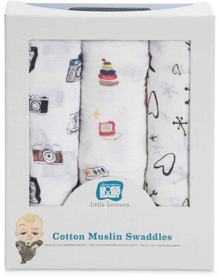 Little Unicorn + The Boss Baby Cotton Muslin Swaddle 3 Pack - Toy Box - UB0019DW
