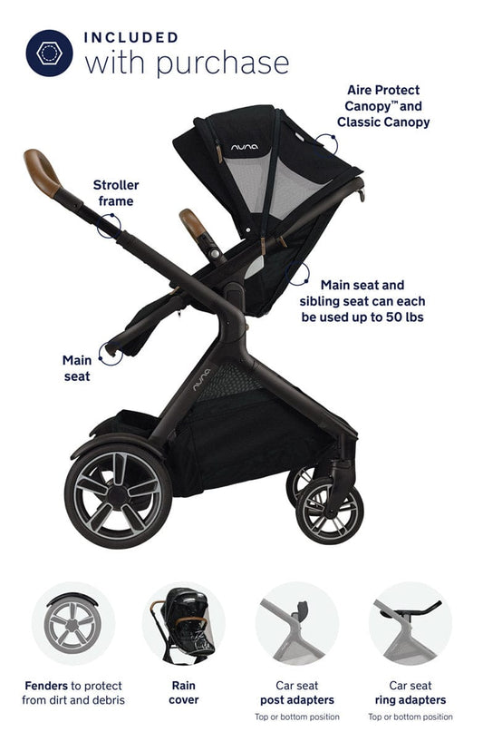 Nuna DEMI Grow Single-to-Double Stroller with Aire Protect Canopy + Classic Canopy - Caviar - ST08120CVR