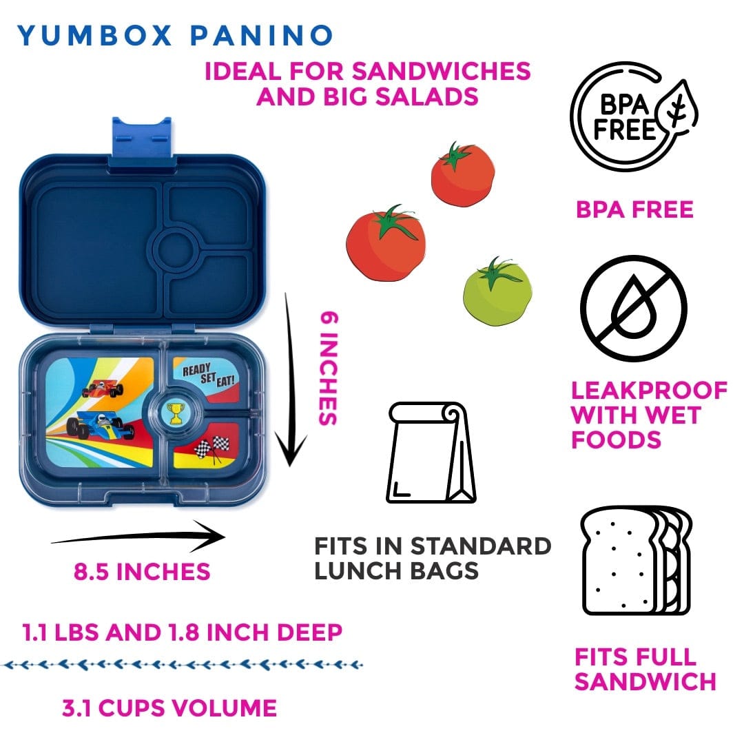 Yumbox Leakproof Bento Lunchbox, Panino - Monte Carlo Blue / Race Cars - MBII202303C