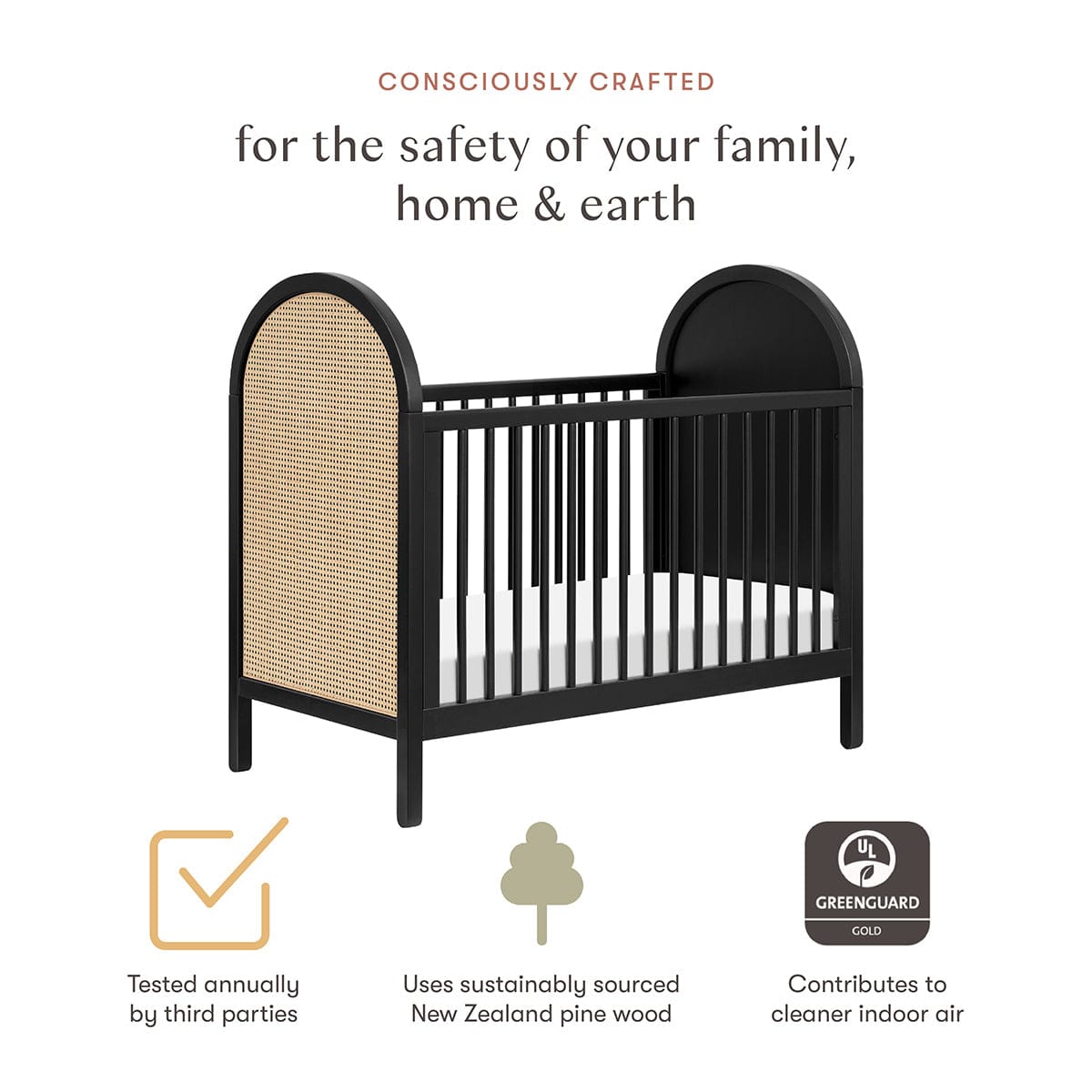 Babyletto Bondi Cane 3-in-1 Convertible Crib w/ Toddler Bed Conversion Kit - Black / Natural Cane - M25601BNC