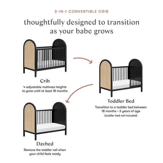 Babyletto Bondi Cane 3-in-1 Convertible Crib w/ Toddler Bed Conversion Kit - Black / Natural Cane - M25601BNC