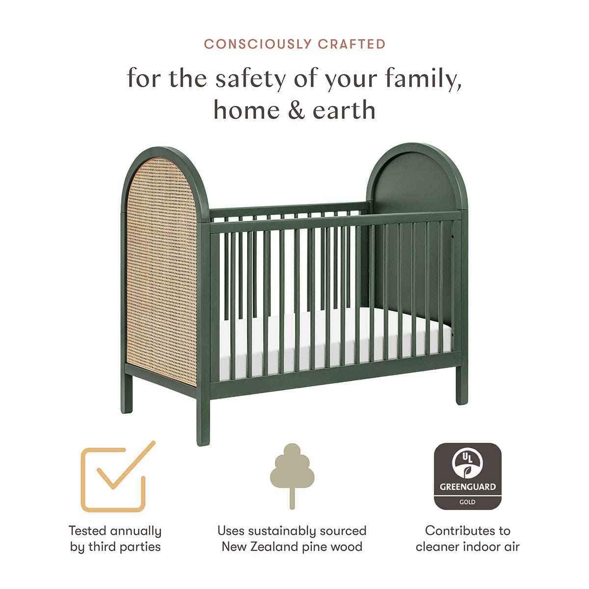 Babyletto Bondi Cane 3-in-1 Convertible Crib w/ Toddler Bed Conversion Kit - Forest Green / Natural Cane
