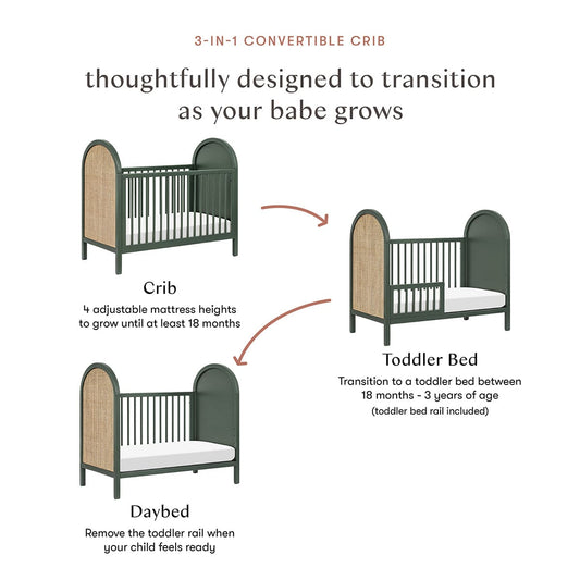 Babyletto Bondi Cane 3-in-1 Convertible Crib w/ Toddler Bed Conversion Kit - Forest Green / Natural Cane - M25601FRGRNC
