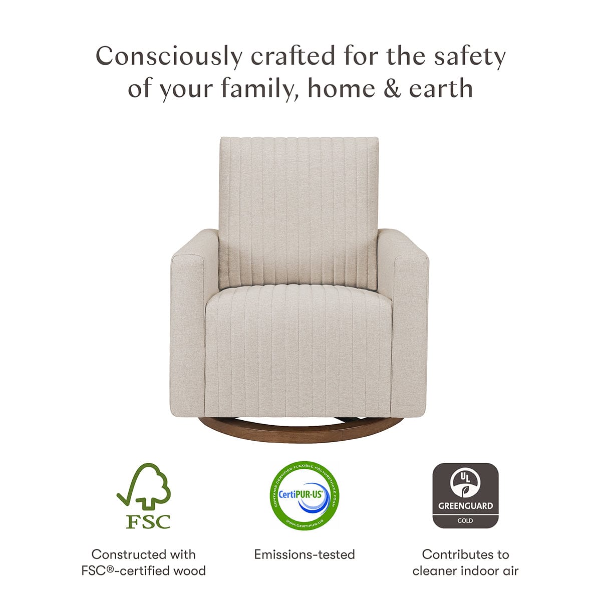 Babyletto Poe Channeled Swivel Glider - Performance Beach Eco-Weave w/ Dark Wood Base - M26687PBEWDB