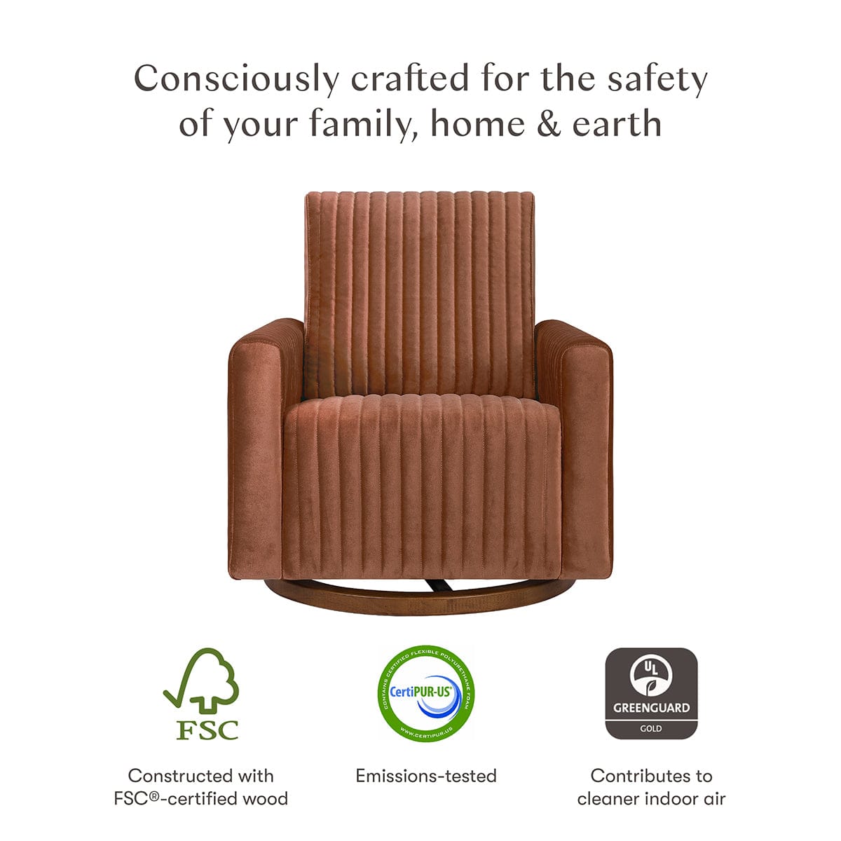 Babyletto Poe Channeled Swivel Glider - Rust Velvet w/ Dark Wood Base - M26687RTVDB