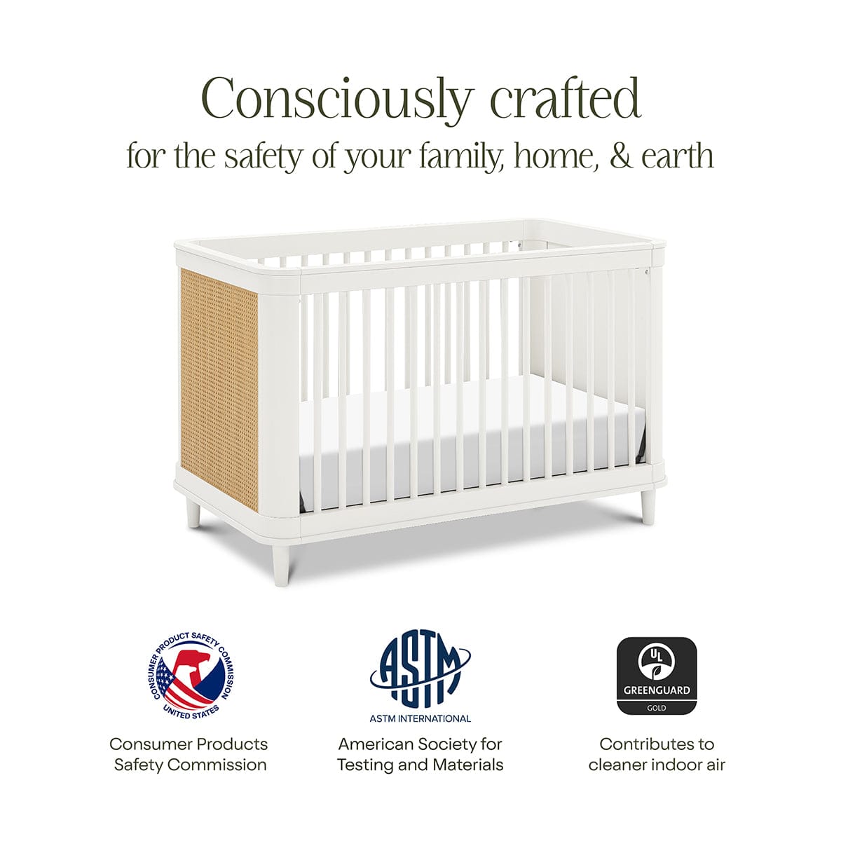 Namesake Marin w/ Cane 3-in-1 Convertible Crib - Warm White / Honey Cane