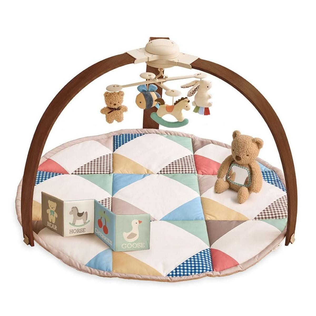 Itzy Ritzy baby activity gym with wooden arch and quilted play mat featuring hanging toys and soft book