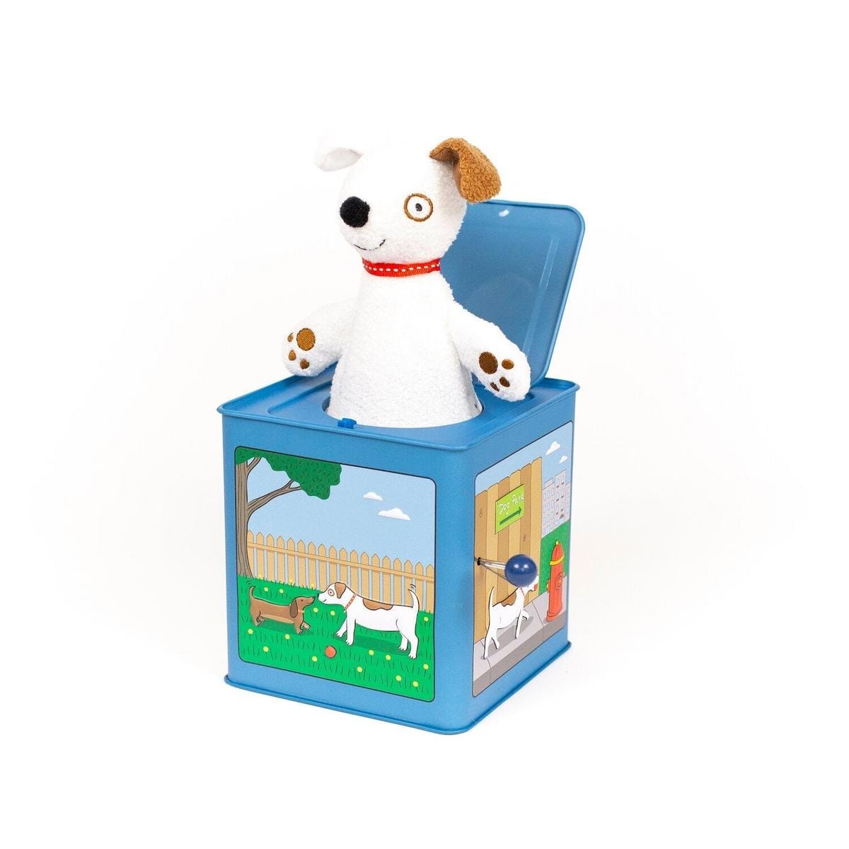 Jack Rabbit Creations dog jack in the box with plush puppy popping out of blue metal container