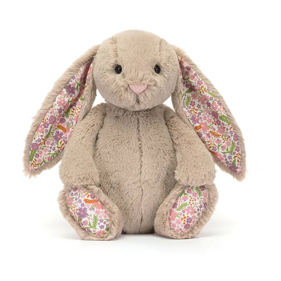 Jellycat beige plush bunny with floral print on ears and feet