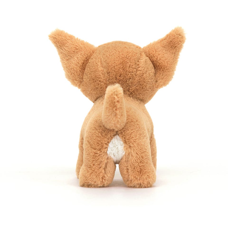 Rear view of Jellycat plush chihuahua with tan fur and white tail tip