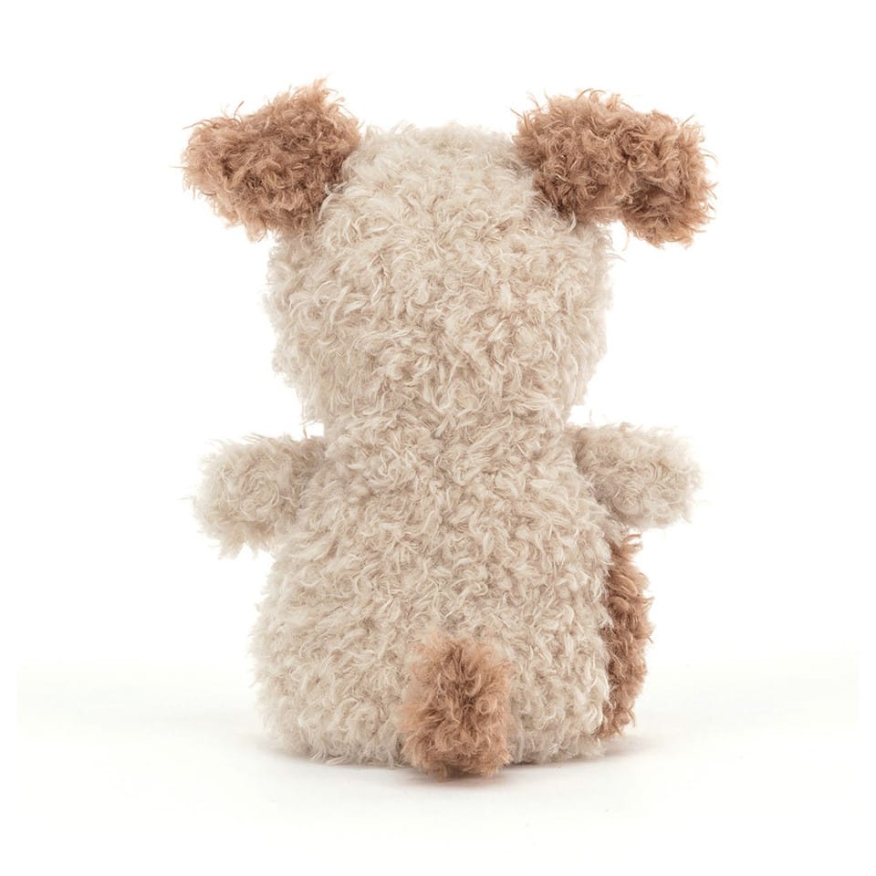 Back view of a Jellycat plush dog with cream and brown curly fur