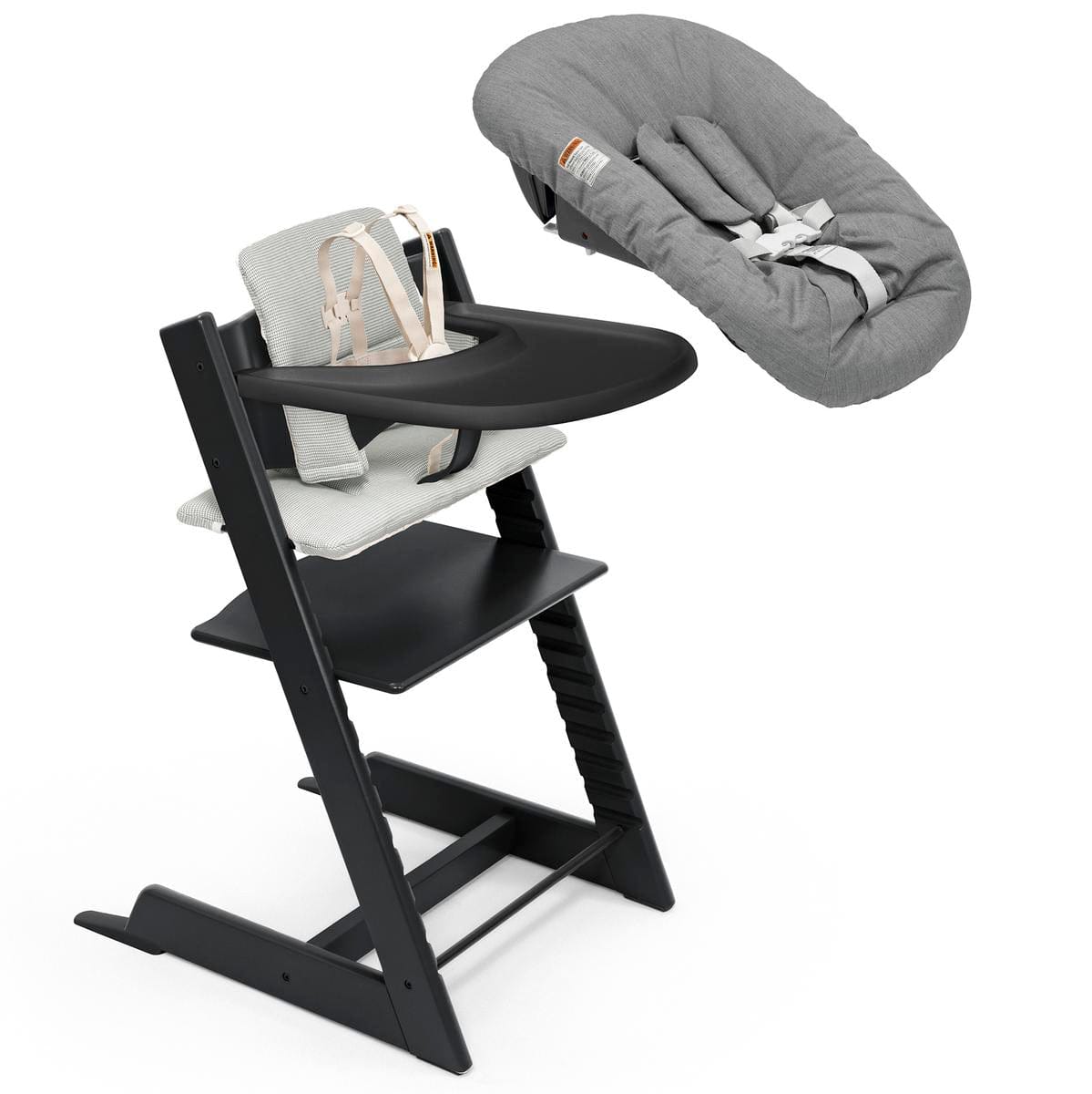 Stokke Tripp Trapp High Chair2 with Cushion, Newborn Set and Stokke Tray - Black / Nordic Grey / Anthracite