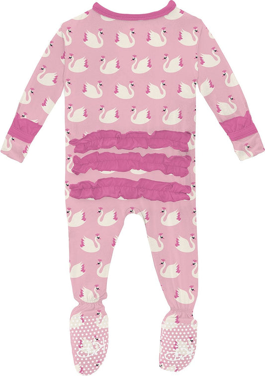 KicKee Pants Print Classic Ruffle Footie with 2 Way Zipper - Cake Pop Swan Princess, 0-3 Months - RCZ112-5-LI-S24D1A-CKSP-0