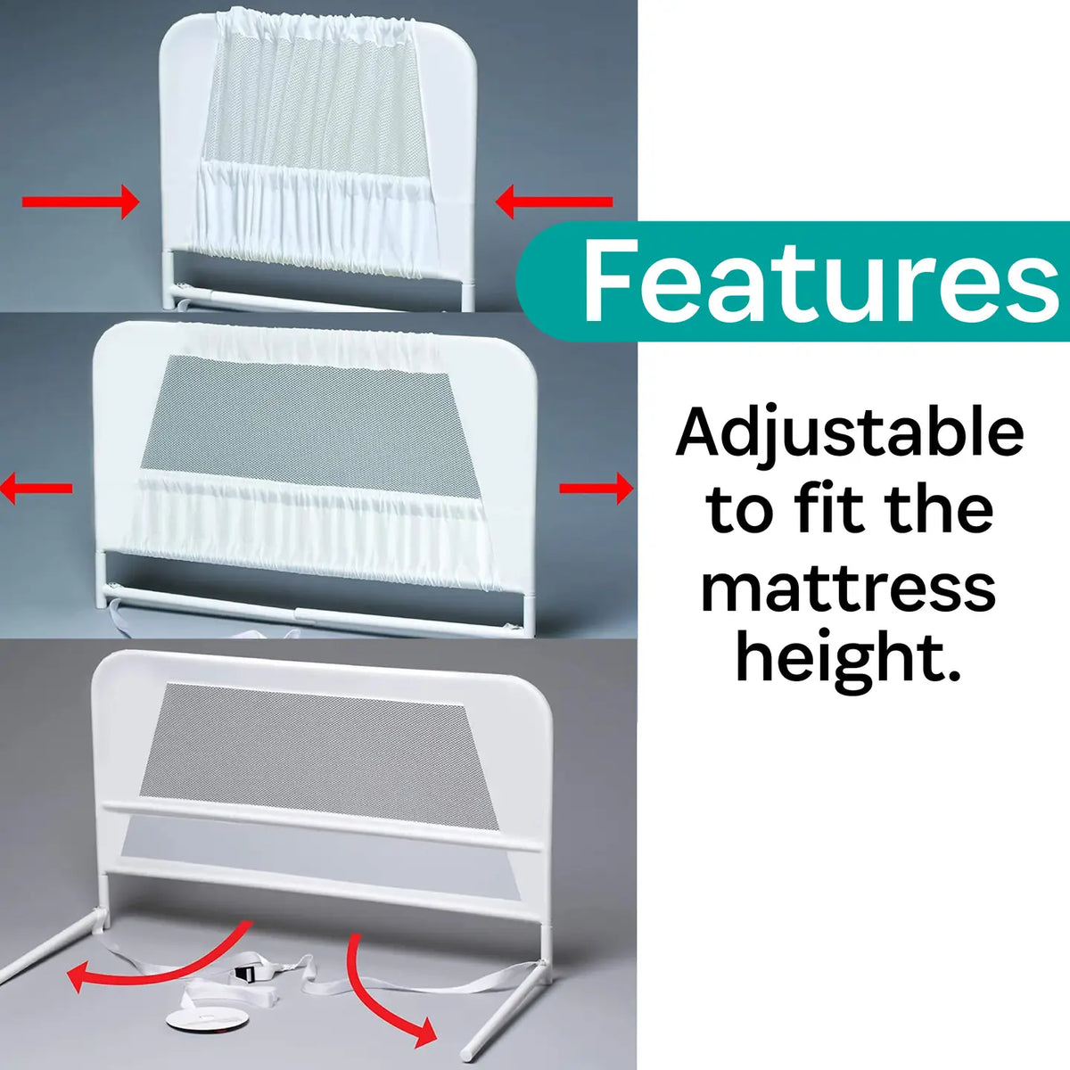 White bed rail with adjustable height settings and safety straps