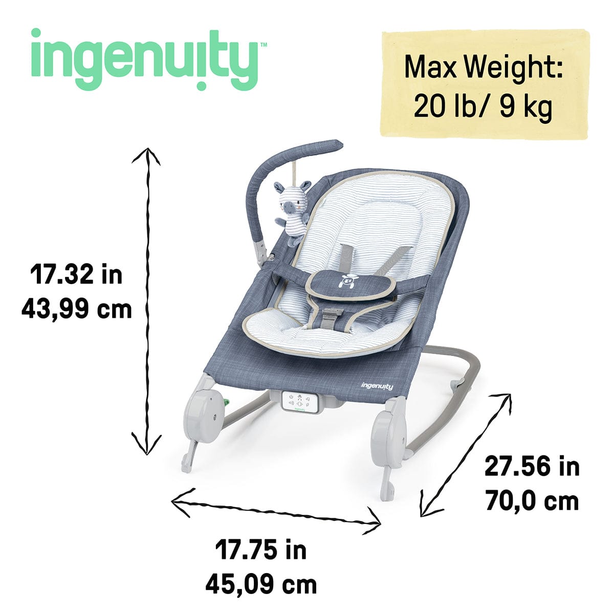 Kids2 Ingenuity Happy Belly Rock-to-Bounce Massage Seat - Chambray - 16854-000-000-02