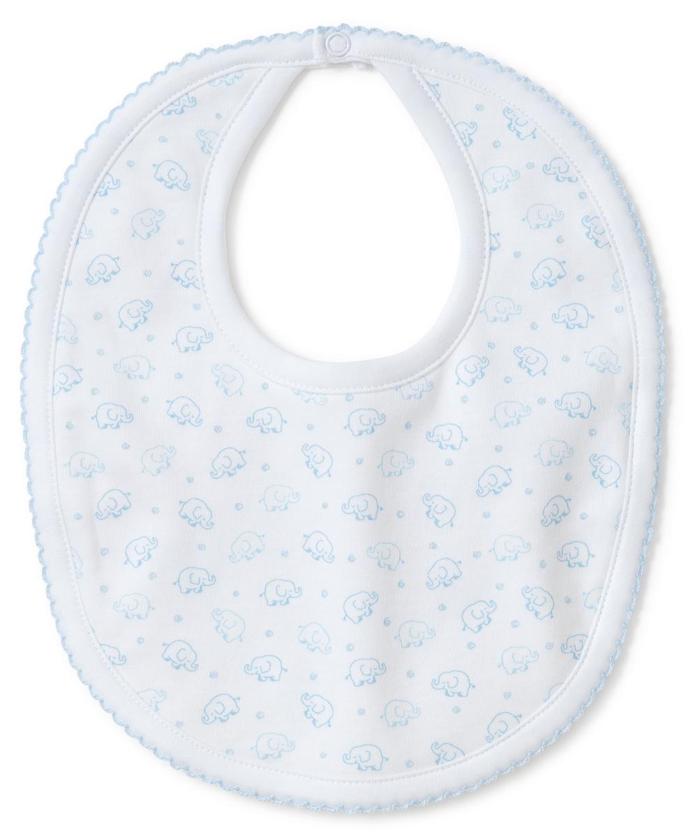 Kissy Kissy white baby bib with blue elephant print and scalloped trim