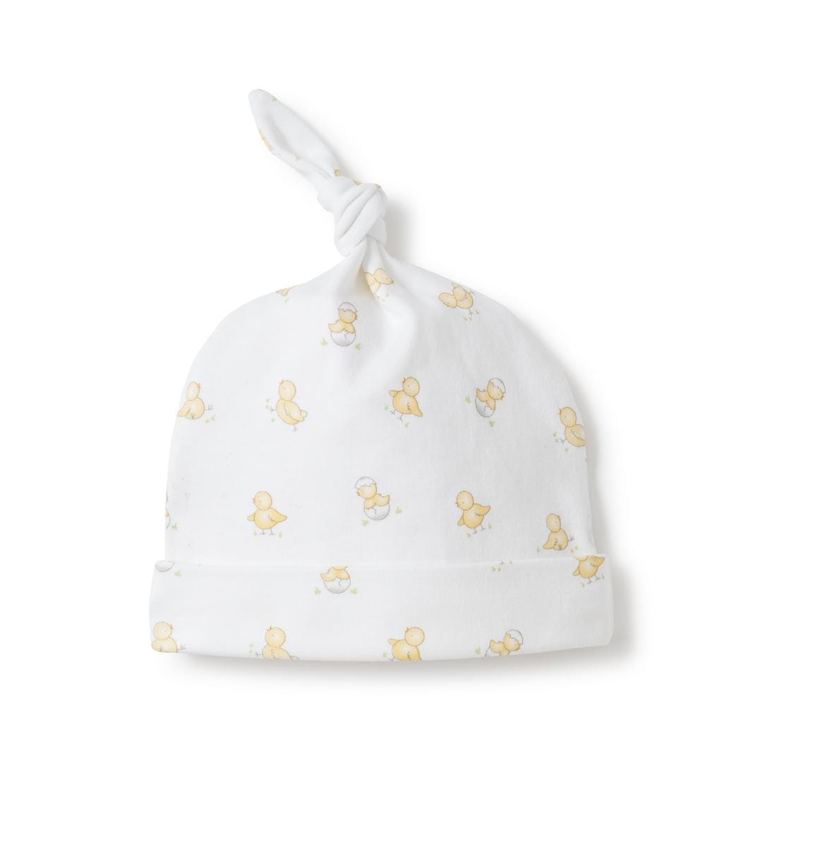 Kissy Kissy white baby hat with yellow chick print and top knot
