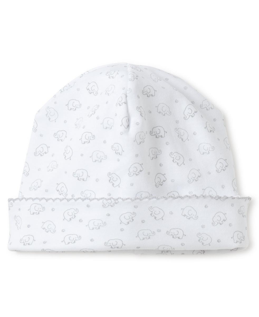 White Kissy Kissy baby hat with grey elephant print and scalloped trim