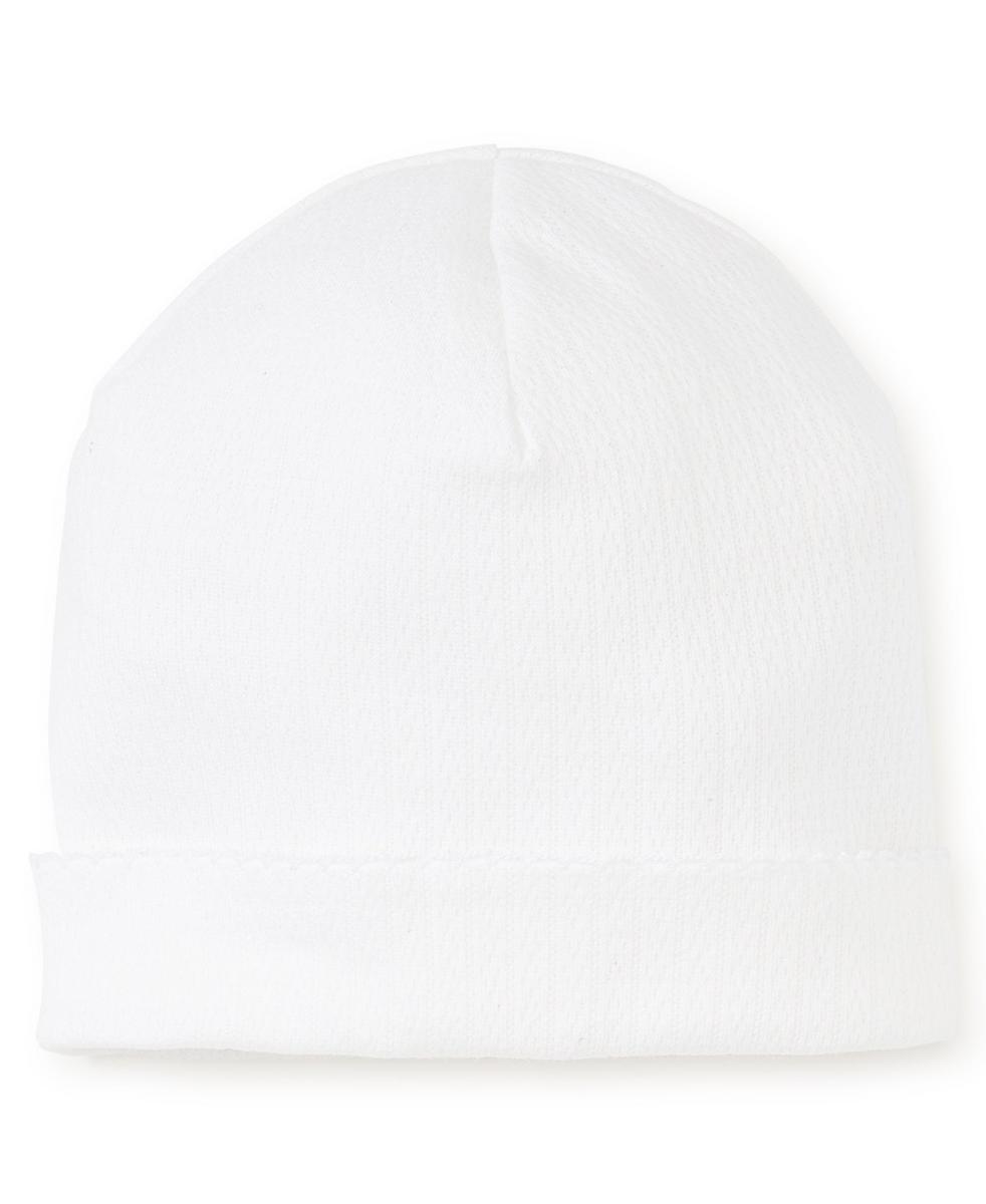 White Kissy Kissy baby beanie with a folded brim