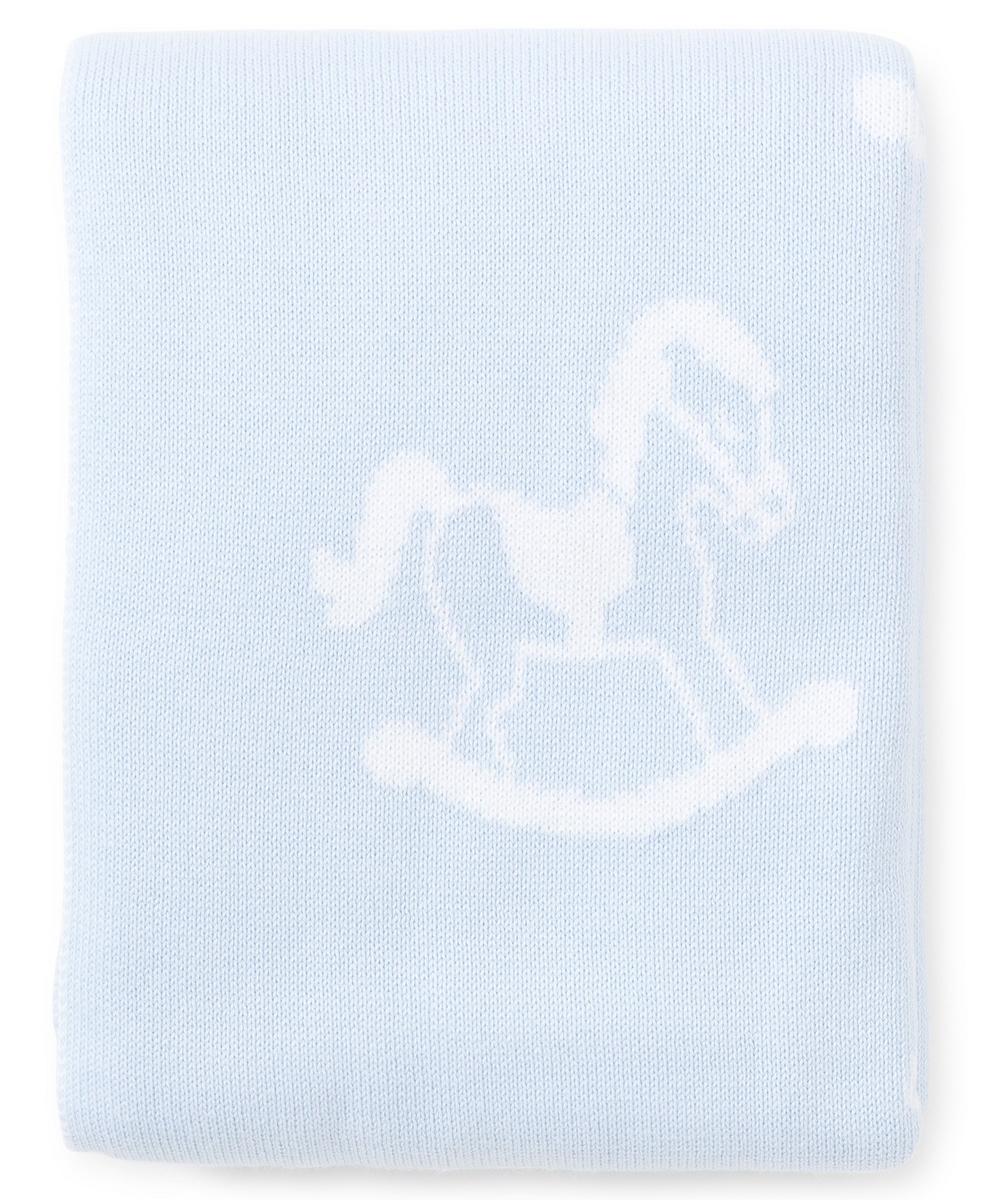 Light blue Kissy Kissy knit baby blanket with white rocking horse pattern