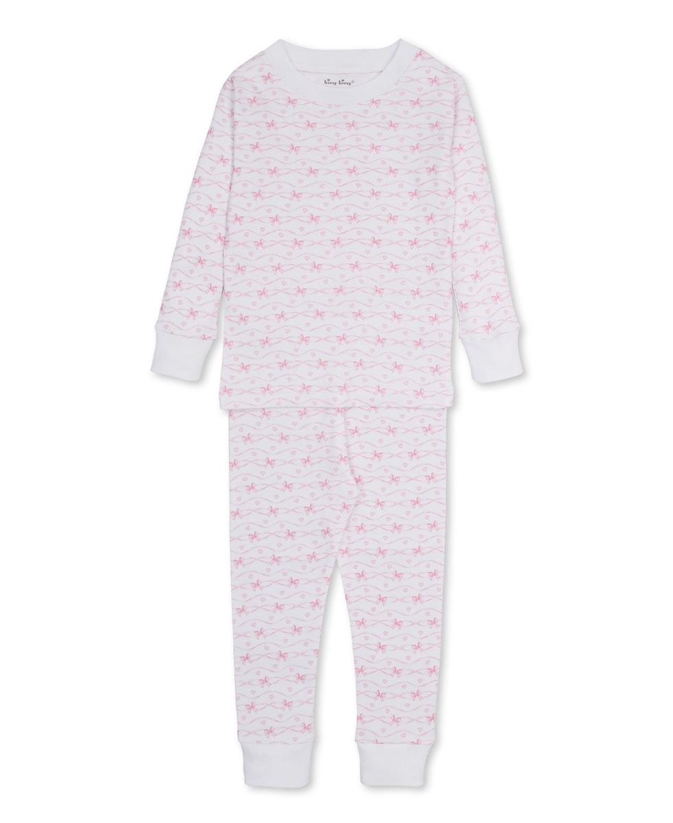 Kissy Kissy white long sleeve pajama set with pink wavy lines and bow print
