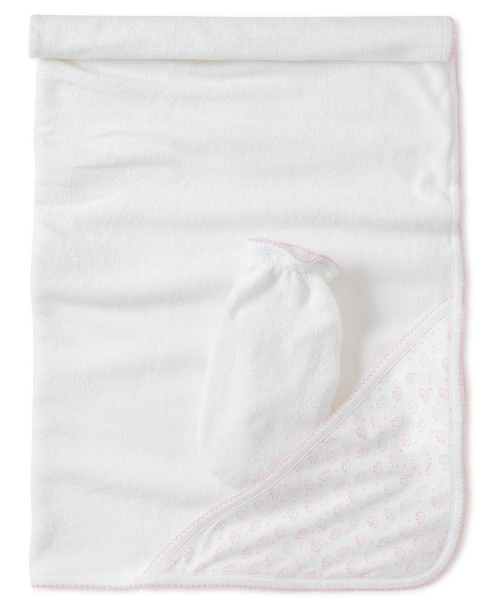 Kissy Kissy white hooded baby towel and wash mitt set with pink elephant print trim
