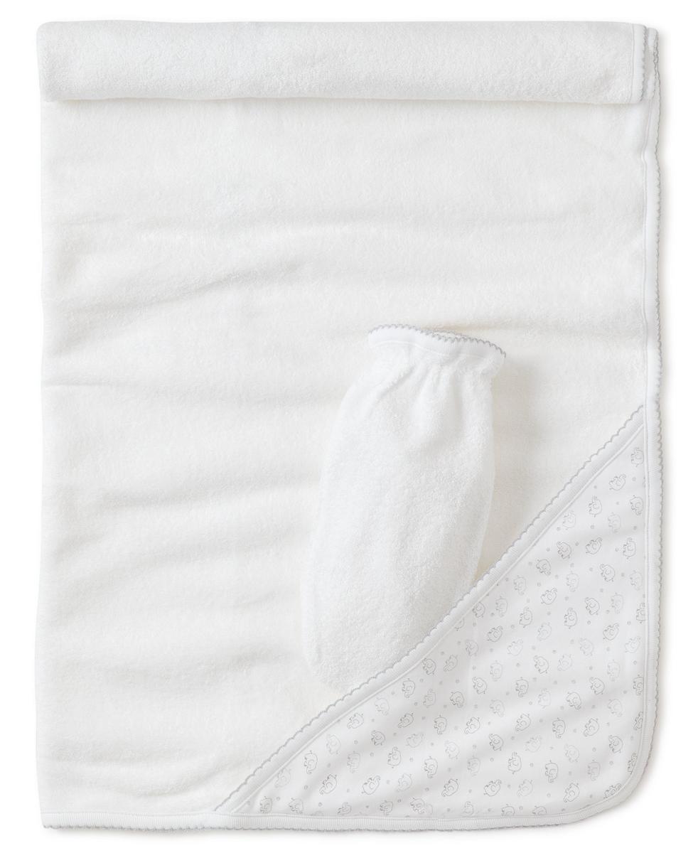 Kissy Kissy white hooded baby towel and matching wash mitt with elephant print trim