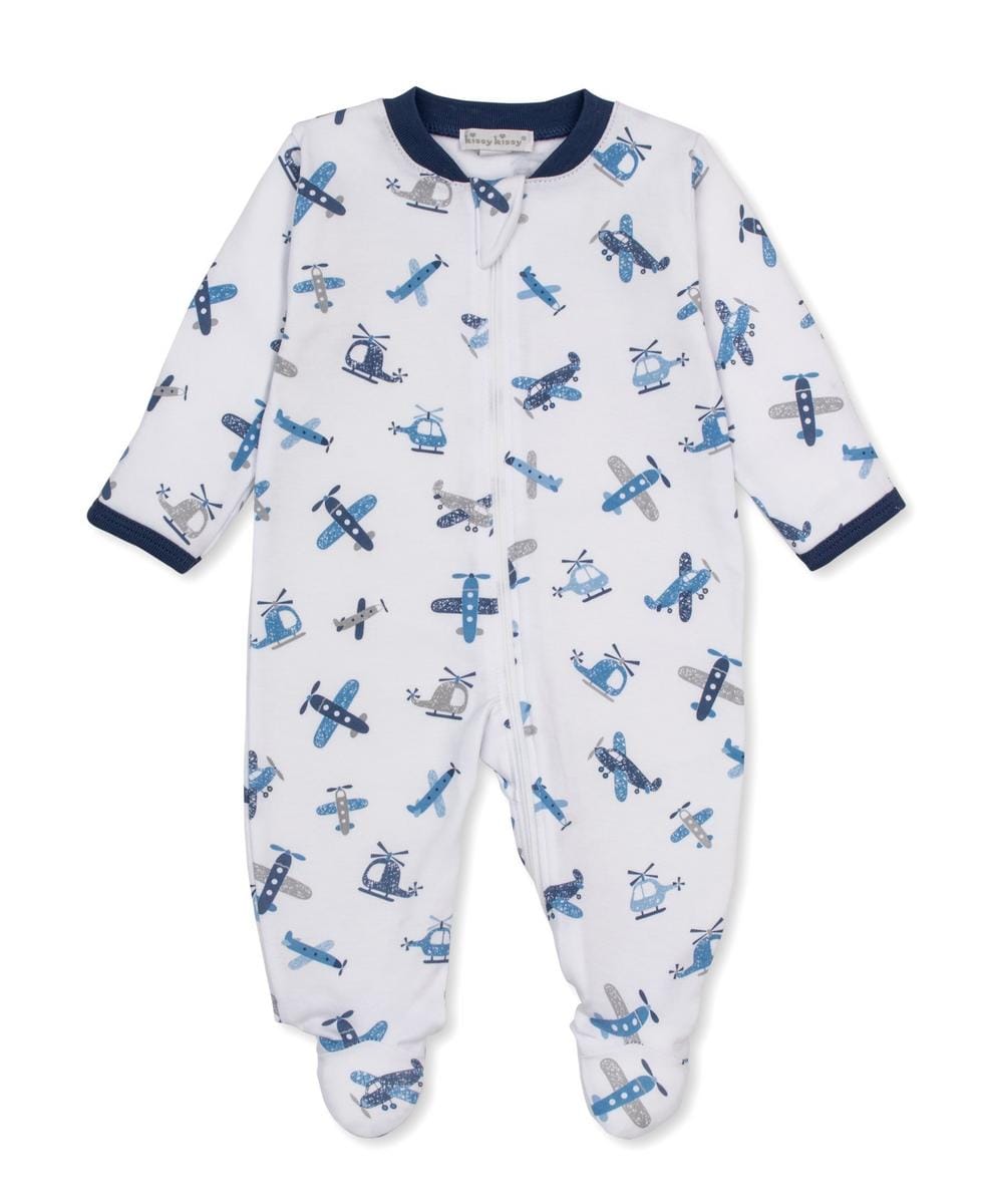 Kissy Kissy white footed sleeper with blue airplane and helicopter print