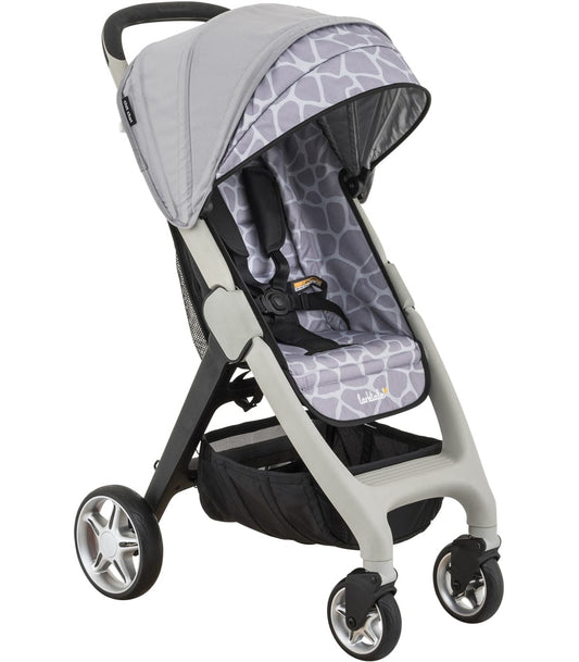 Nightcliff Stone compact stroller by Larktale with giraffe-patterned canopy and seat, gray frame, black accents, and silver wheels, front three-quarter view