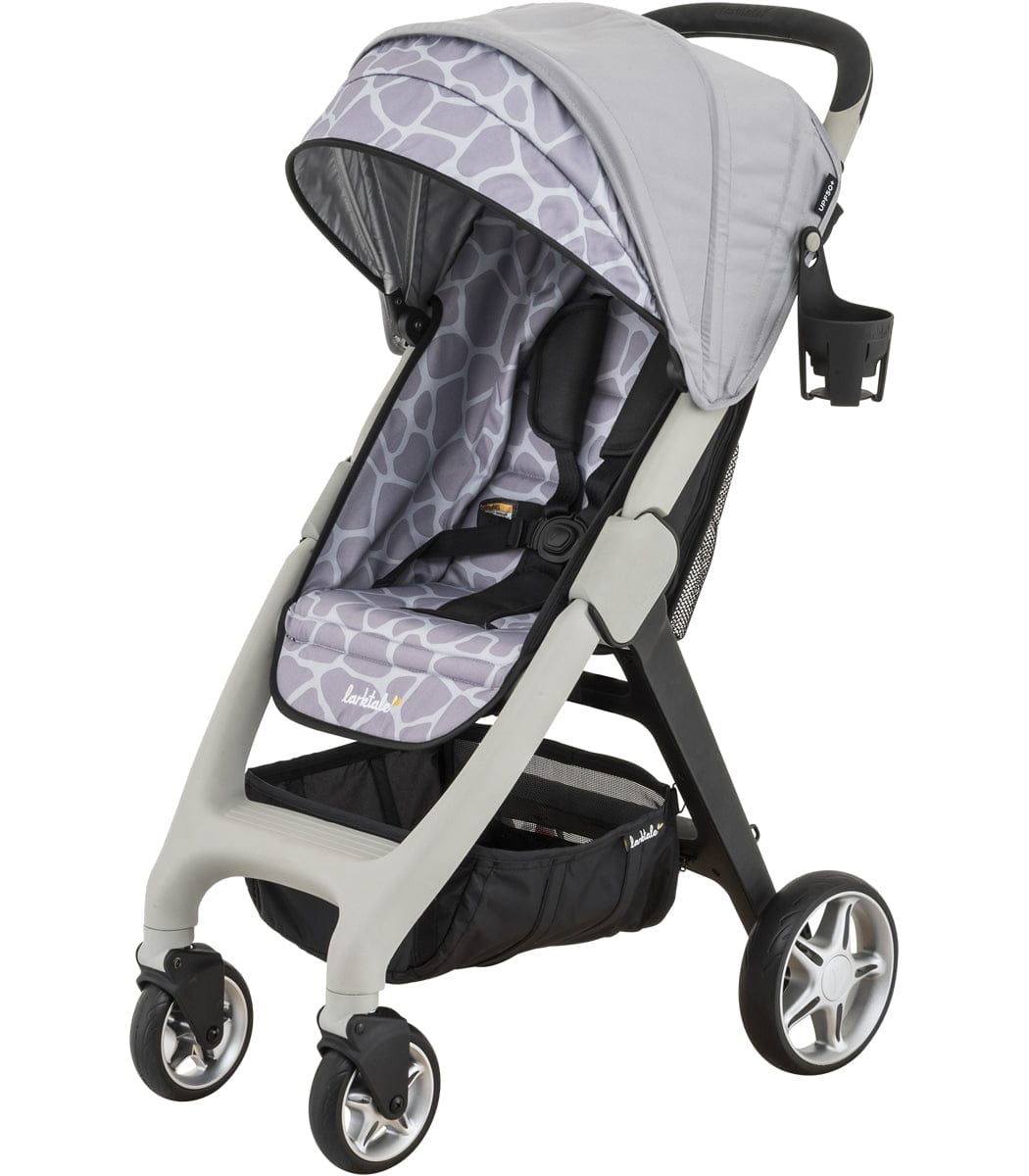Nightcliff Stone compact stroller by Larktale with giraffe-patterned canopy and seat, gray frame, black accents, and silver wheels, front three-quarter view