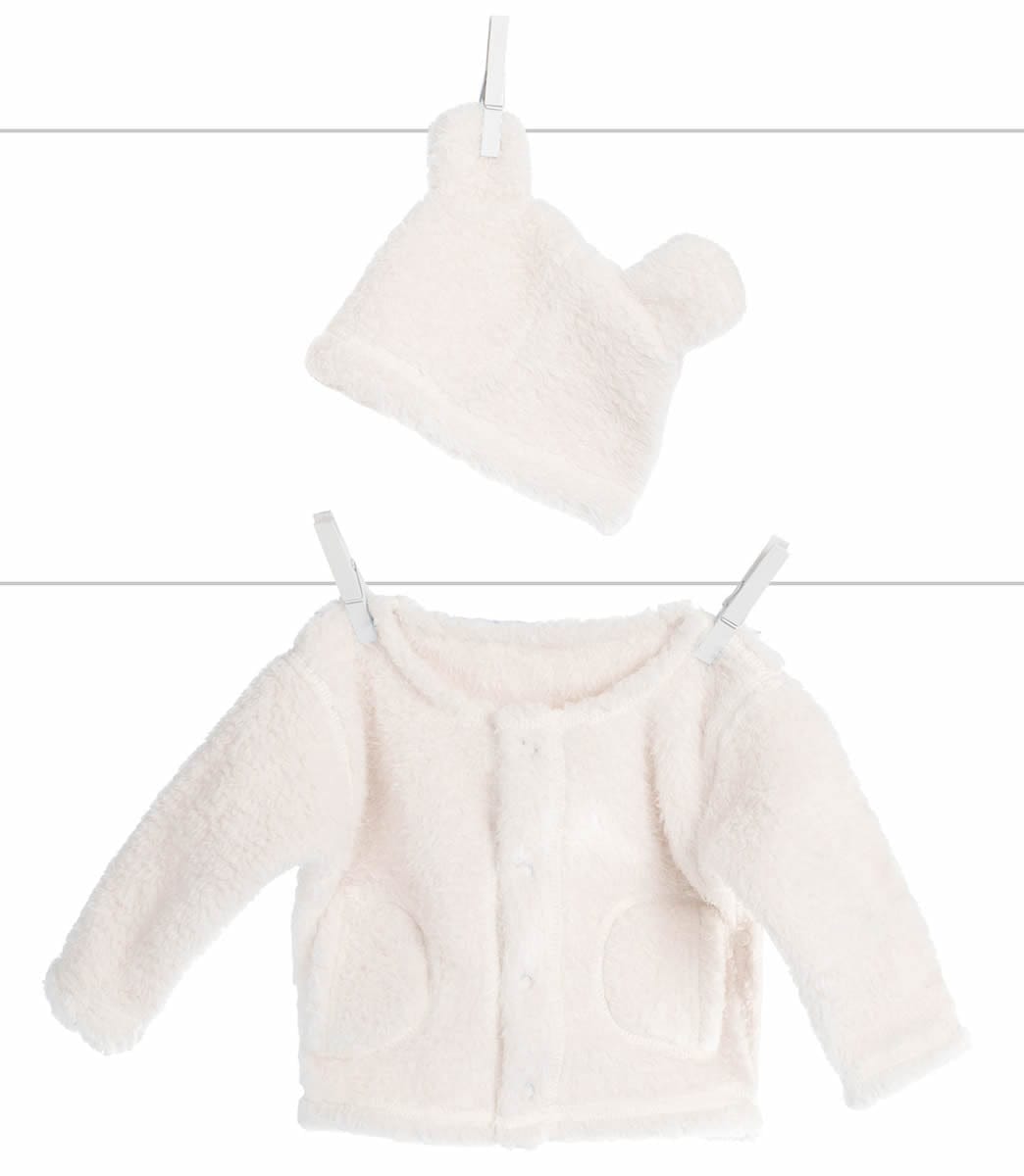 Little Giraffe Warm & Fuzzy Cardigan + Cap in Blue, 3-6 Months in Cream - CHTCDH3CR