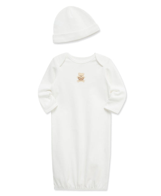 Little Me Gentle Bear Sleeper Gown and Hat - Ivory, 0-3M