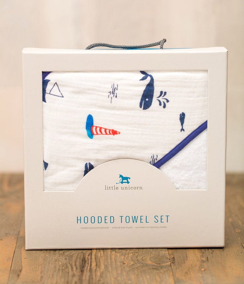 Little Unicorn Cotton Hooded Towel & Washcloth - Nautical Harbor - UH0004