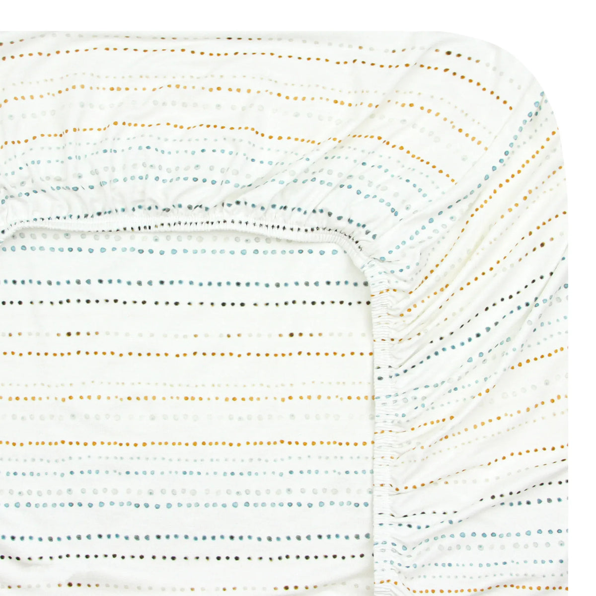 Lou Lou and Company fitted crib sheet with white fabric and horizontal rows of multicolored dots