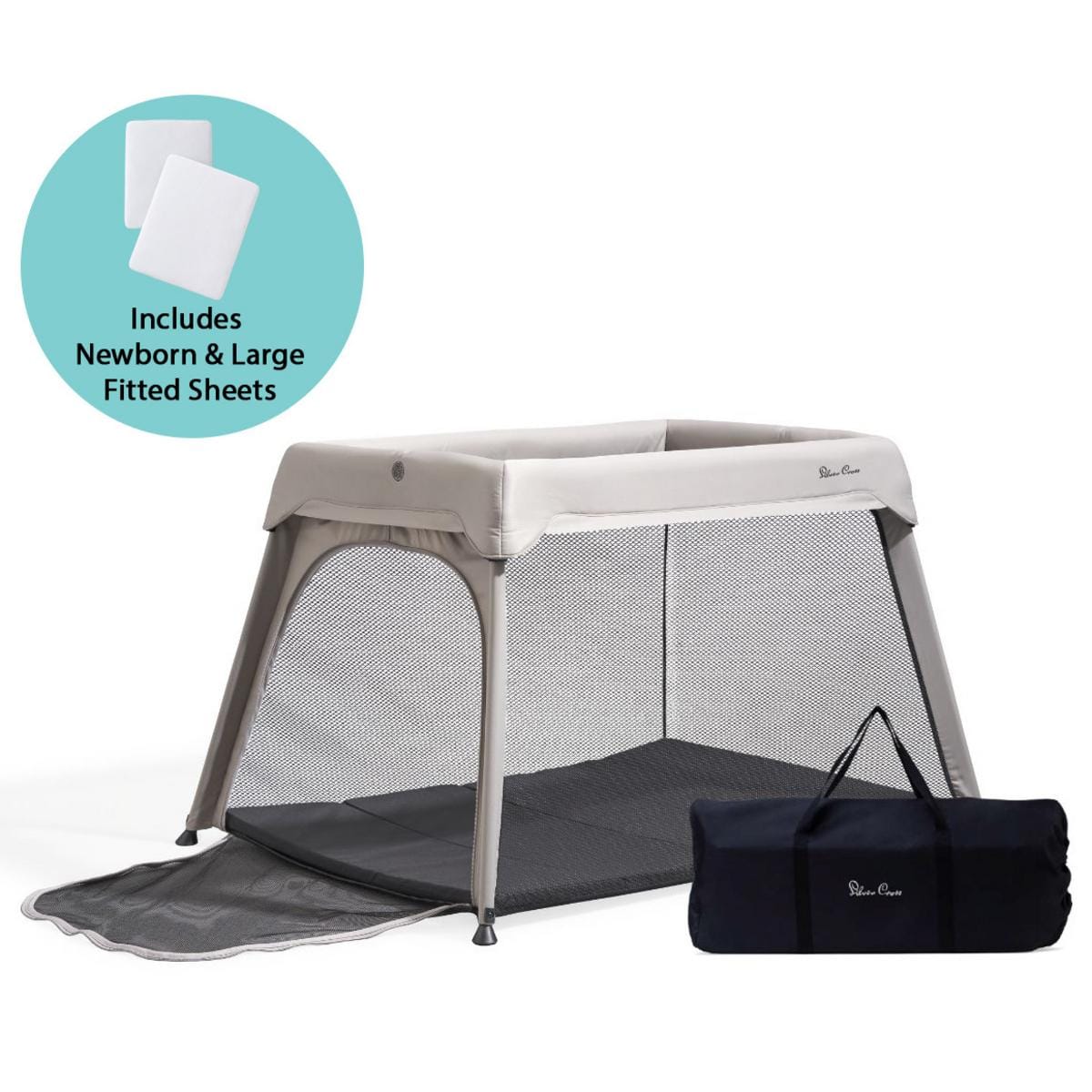 Silver Cross Sleep & Go Travel Crib + Newborn / Large Fitted Sheet Bundle - Stone / White - SX8179-STUS-SX1502-00-SX1501-00