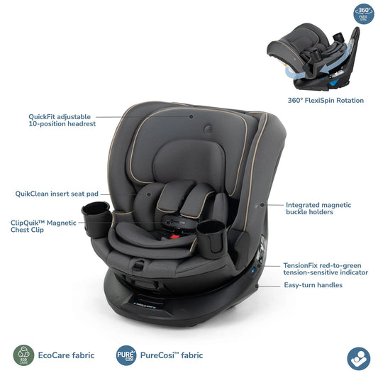 Black convertible car seat with beige stitching and dual cup holders by Maxi-Cosi, side view with rotating base and padded headrest