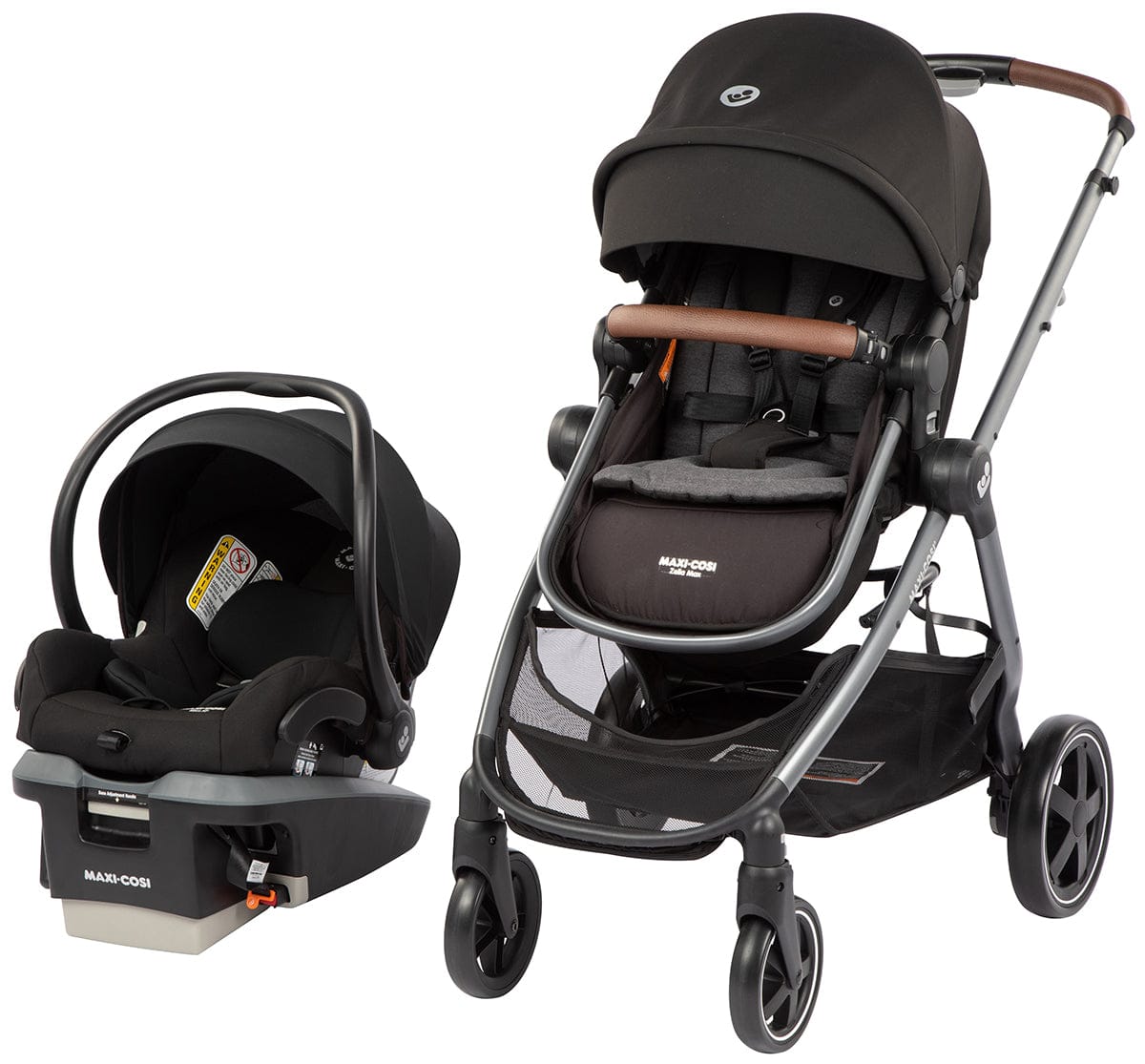 Essential black 5-in-1 modular travel system by Maxi-Cosi, featuring stroller with brown leatherette handle and infant car seat with base, side view display