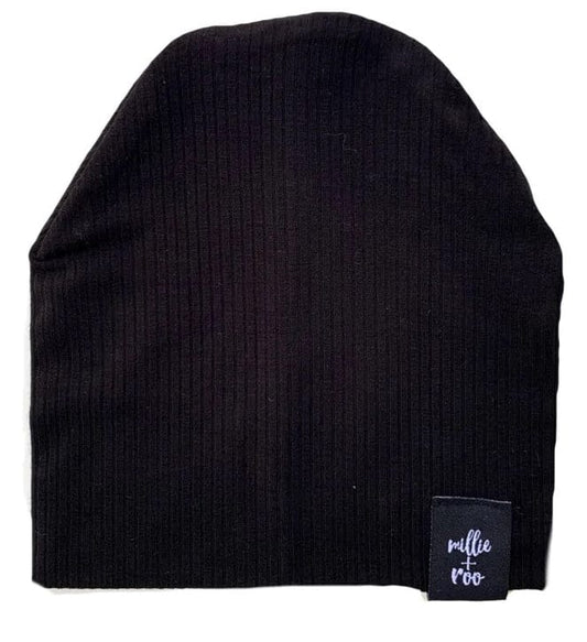 millie+roo Rib Beanie - Black, Medium (18M-4Y) - MR-B-SBR-M