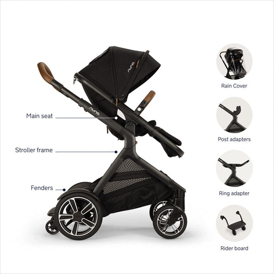 Nuna DEMI Next Stroller with Rider Board + DEMI Grow Bassinet with Stand + PIPA RX Travel System Bundle - Caviar - TRVL-ST17902CVR-CD09200CVR
