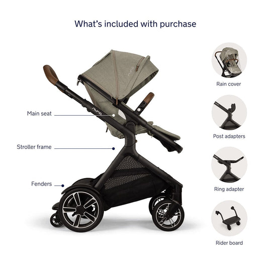 Nuna DEMI Next Stroller with Rider Board + DEMI Next Bassinet with Stand + PIPA RX Travel System Bundle - Hazelwood - TRVL-ST17902HAZ-CD18700HAZ