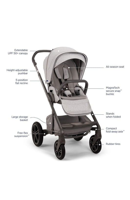 Nuna stroller in light grey with dark grey frame and storage basket