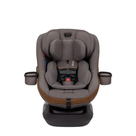 Nuna rotating car seat in grey and brown with cup holder