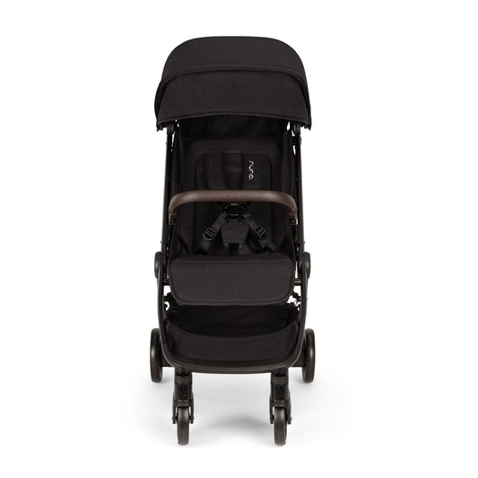 Nuna black stroller with brown leather accents