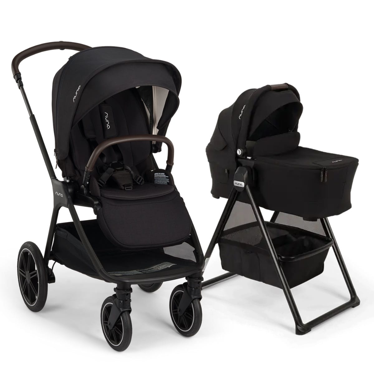 Nuna black stroller with seat and separate bassinet on a stand