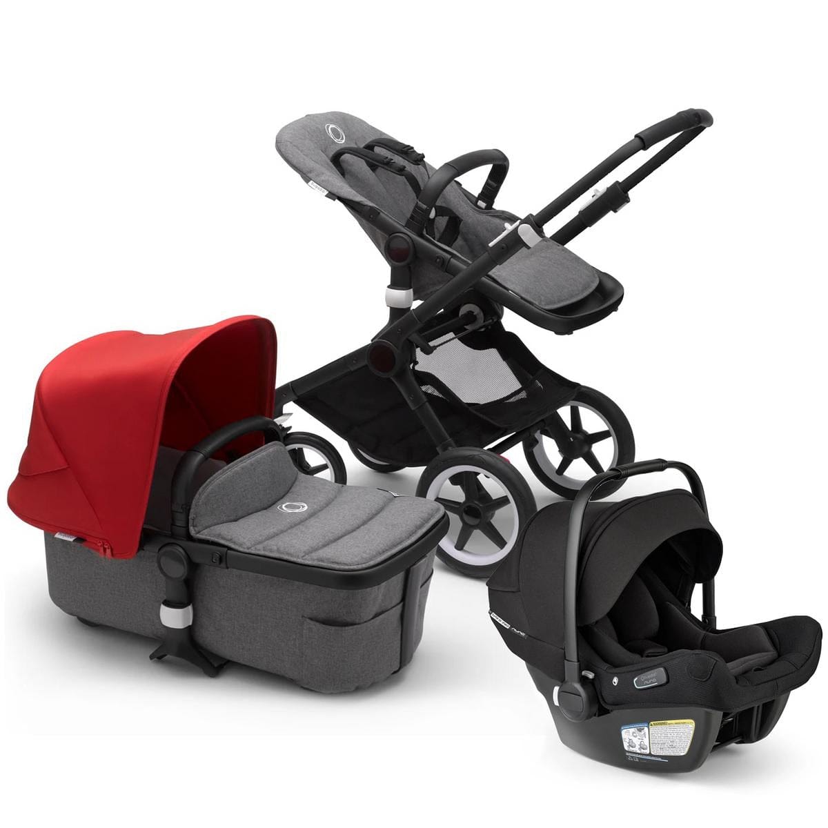 Bugaboo Fox2 Complete Stroller + Turtle Air Shield Travel System Bundle - Black/Grey Melange/Red / Black - FOX2-BLK-GRY-RED-400016001