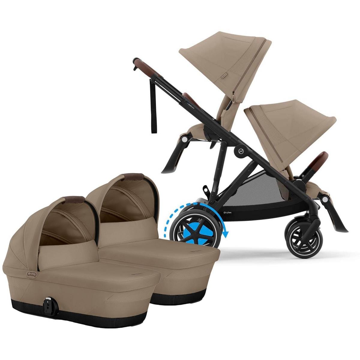 Cybex eGazelle S Electronic Assist Twin Stroller + Cot Bundle - Black Frame / Almond Beige - TWIN-524001219-522005265