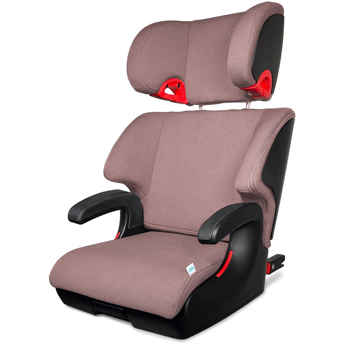Taupe fabric high back booster car seat by Clek, featuring black side panels, red adjustment levers, and molded armrests, front view.