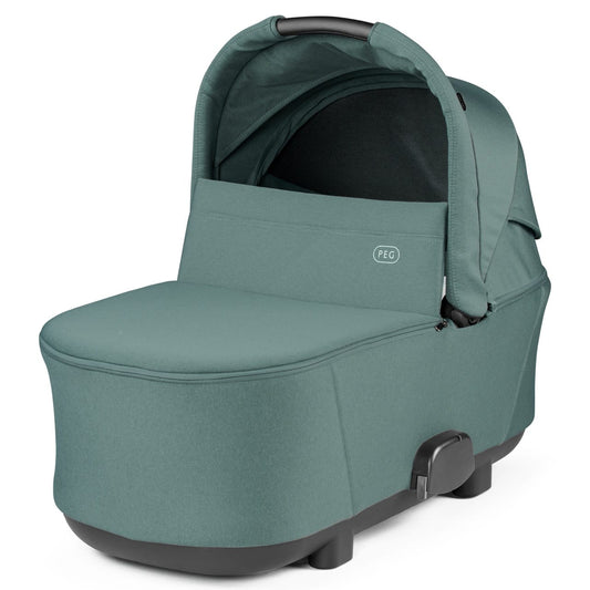 Peg green bassinet on a folding metal stand